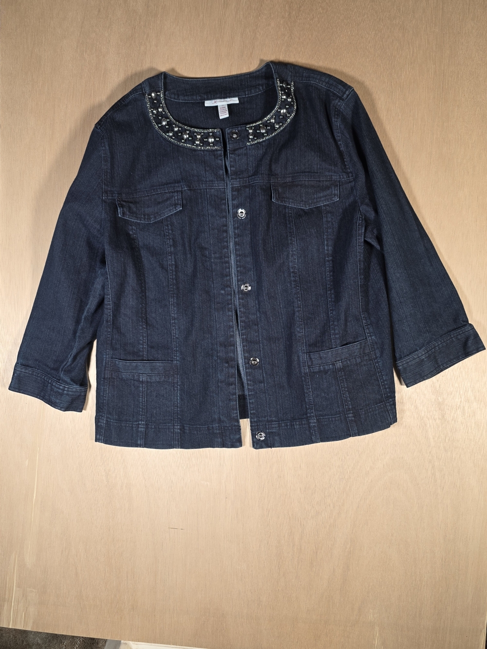 JM Collection Dark Blue Denim Jacket with Beaded Collar